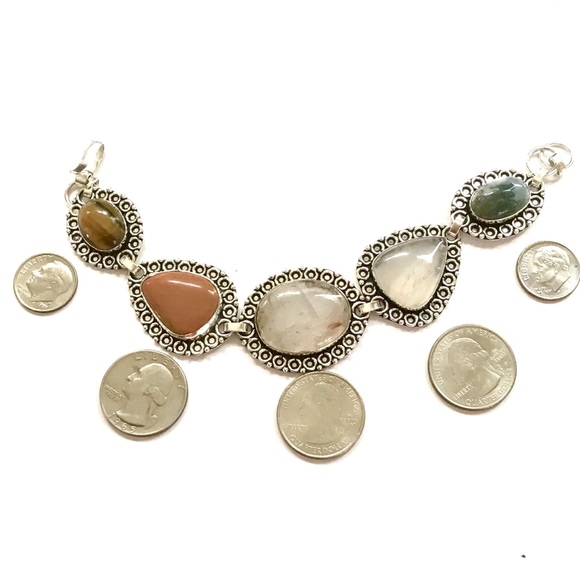 Five BIG Gemstones Bracelet Moss Agate Sandstone Quartz Tiger’s Eye 8” Boho - Picture 8 of 11